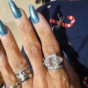 GENUINE SOLID STERLING CZ DIAMONELLE MASSIVE EMERALD CUT 3stone Trinity RING 8